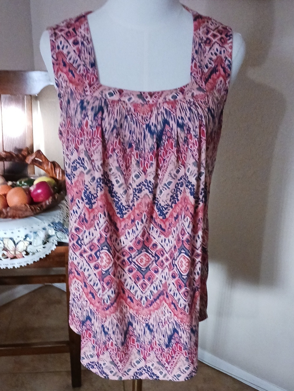 Unk- Coral and Navy Printed Square-Neck Tank Top